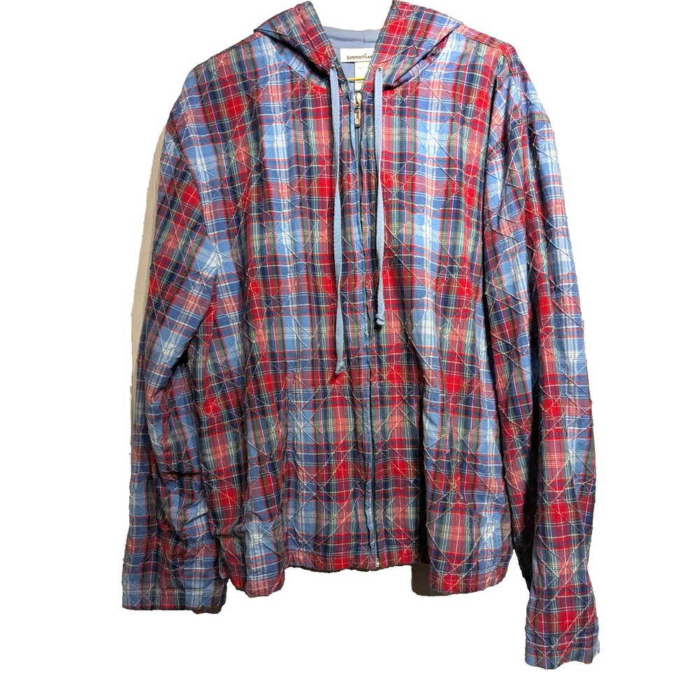 Serengeti Catalog Jacket Womens XL Red Blue Plaid Quilted Full Zip Hooded Cotton
